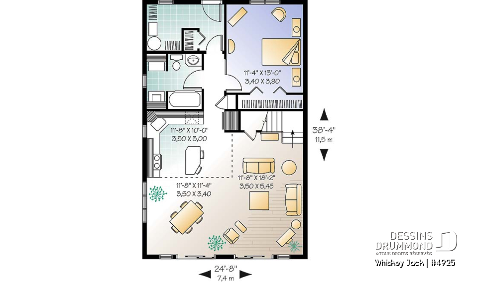 Rez-de-chaussée - Plan de chalet abordable 2 chambres + loft, mezzanine et plafond cathédral, vestiaire d'entrée, buanderie - Whiskey Jack