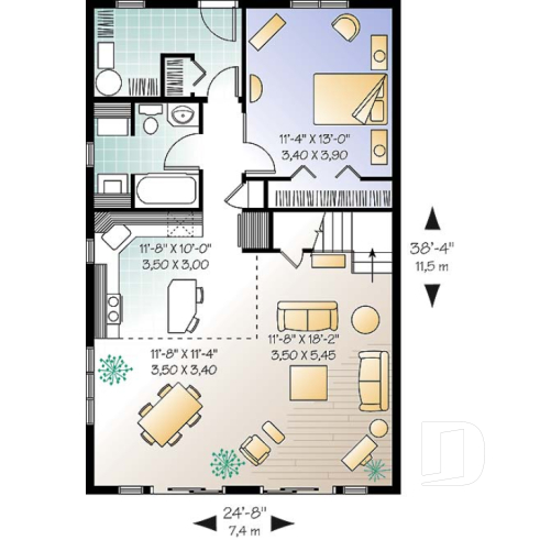 Rez-de-chaussée - Plan de chalet abordable 2 chambres + loft, mezzanine et plafond cathédral, vestiaire d'entrée, buanderie - Whiskey Jack