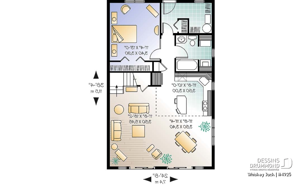 Rez-de-chaussée - Plan de chalet abordable 2 chambres + loft, mezzanine et plafond cathédral, vestiaire d'entrée, buanderie - Whiskey Jack