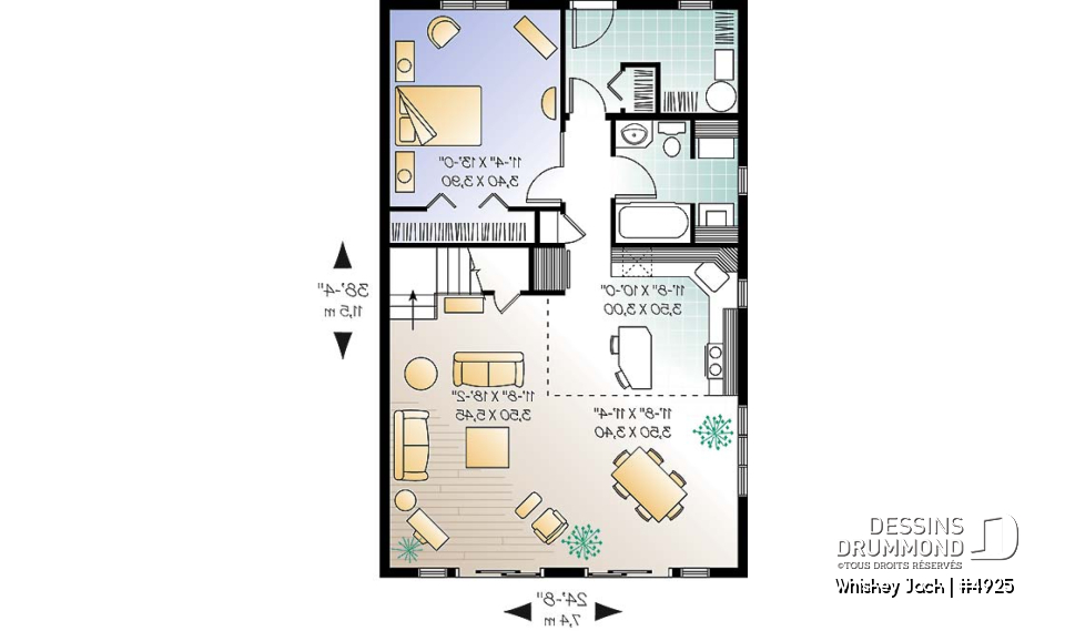 Rez-de-chaussée - Plan de chalet abordable 2 chambres + loft, mezzanine et plafond cathédral, vestiaire d'entrée, buanderie - Whiskey Jack