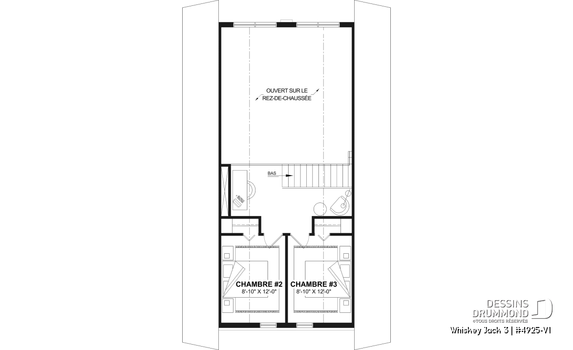 Étage - Plan de petit chalet rustique lumineux avec mezzanine, foyer, 3 chambres et design chaleureux pour famille - Whiskey Jack 3