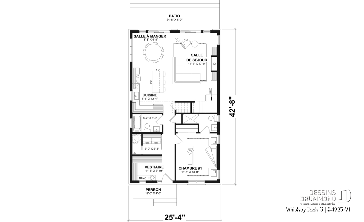 Rez-de-chaussée - Plan de petit chalet rustique lumineux avec mezzanine, foyer, 3 chambres et design chaleureux pour famille - Whiskey Jack 3