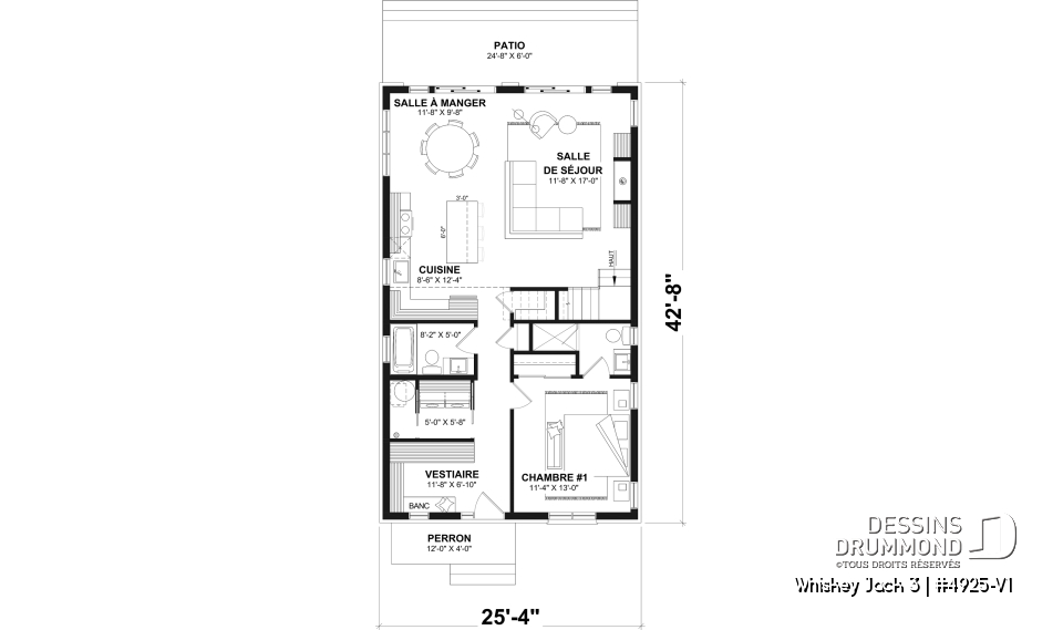 Rez-de-chaussée - Plan de petit chalet rustique lumineux avec mezzanine, foyer, 3 chambres et design chaleureux pour famille - Whiskey Jack 3