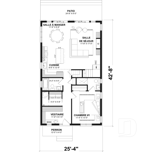 Rez-de-chaussée - Plan de petit chalet rustique lumineux avec mezzanine, foyer, 3 chambres et design chaleureux pour famille - Whiskey Jack 3