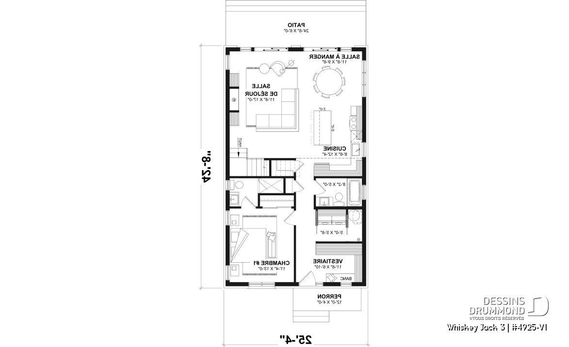 Rez-de-chaussée - Plan de petit chalet rustique lumineux avec mezzanine, foyer, 3 chambres et design chaleureux pour famille - Whiskey Jack 3