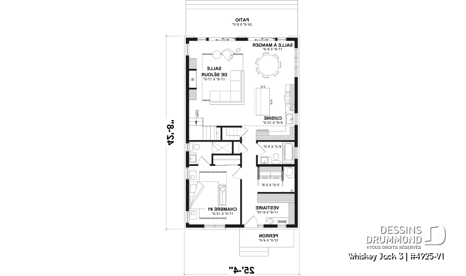 Rez-de-chaussée - Plan de petit chalet rustique lumineux avec mezzanine, foyer, 3 chambres et design chaleureux pour famille - Whiskey Jack 3