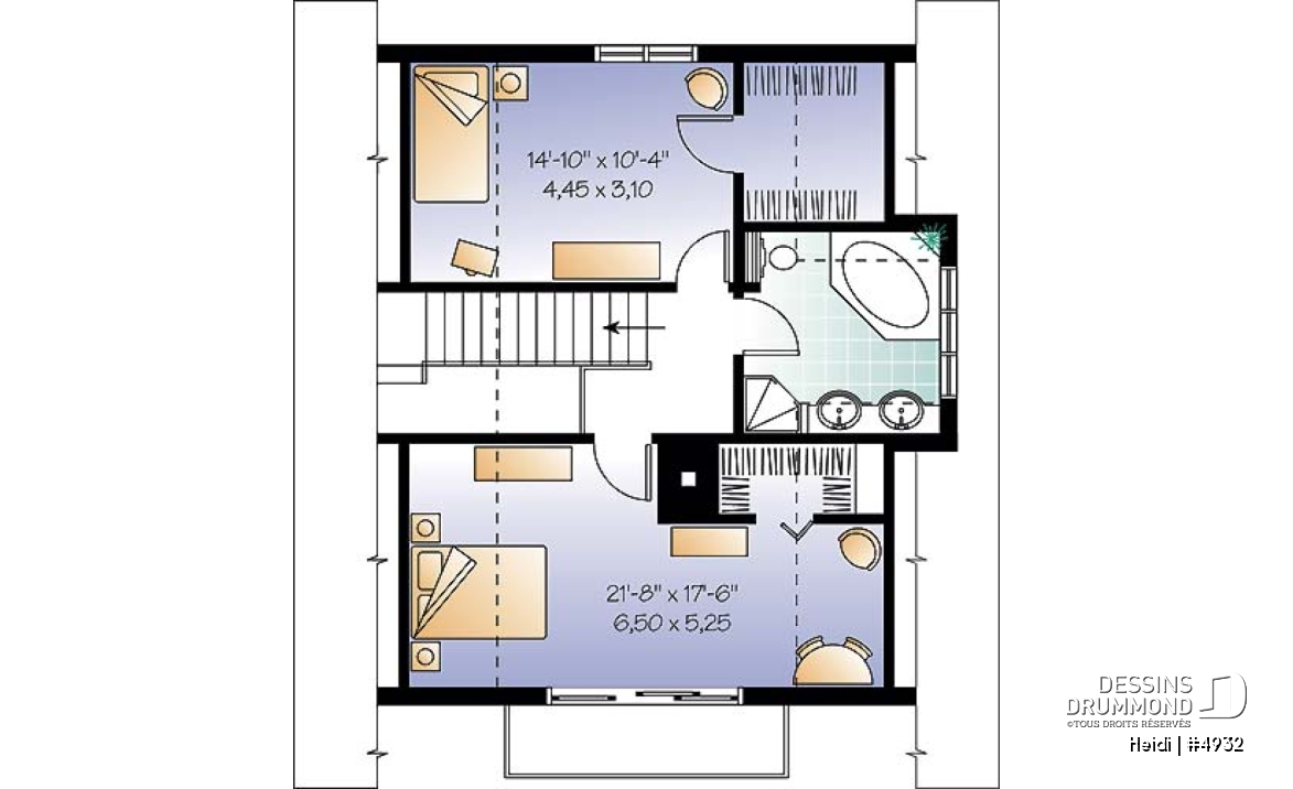 Étage - Plan de style chalet Suisse avec 3 chambres, 2 salles de bain, foyer ouvert au séjour et salle à manger - Heidi