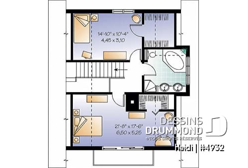 Étage - Plan de style chalet Suisse avec 3 chambres, 2 salles de bain, foyer ouvert au séjour et salle à manger - Heidi