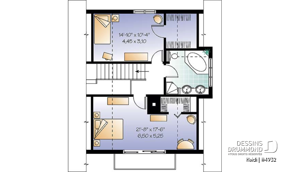 Étage - Plan de style chalet Suisse avec 3 chambres, 2 salles de bain, foyer ouvert au séjour et salle à manger - Heidi