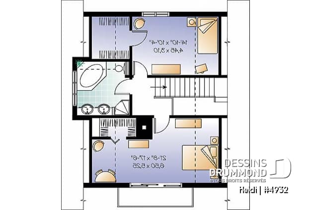 Étage - Plan de style chalet Suisse avec 3 chambres, 2 salles de bain, foyer ouvert au séjour et salle à manger - Heidi