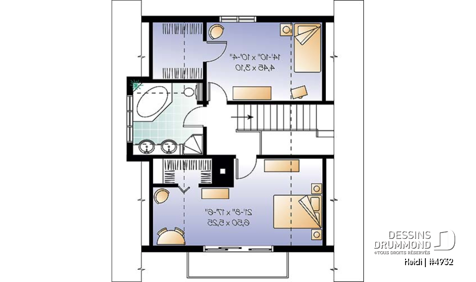Étage - Plan de style chalet Suisse avec 3 chambres, 2 salles de bain, foyer ouvert au séjour et salle à manger - Heidi
