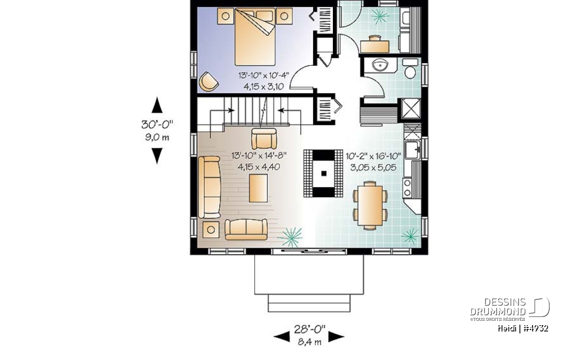 Rez-de-chaussée - Plan de style chalet Suisse avec 3 chambres, 2 salles de bain, foyer ouvert au séjour et salle à manger - Heidi