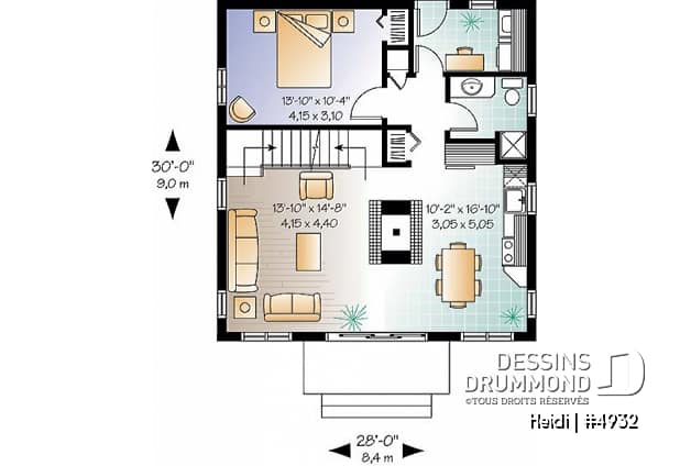 Rez-de-chaussée - Plan de style chalet Suisse avec 3 chambres, 2 salles de bain, foyer ouvert au séjour et salle à manger - Heidi