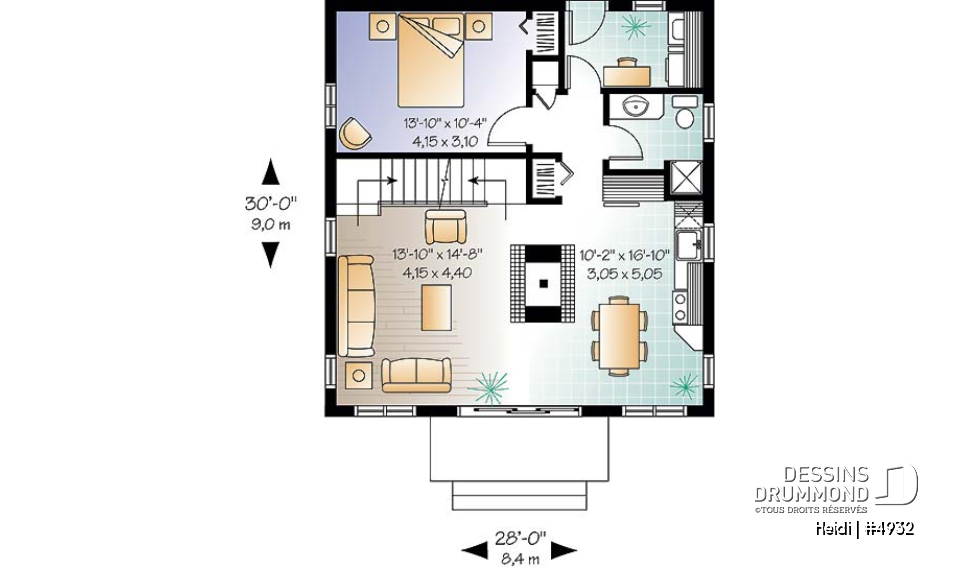 Rez-de-chaussée - Plan de style chalet Suisse avec 3 chambres, 2 salles de bain, foyer ouvert au séjour et salle à manger - Heidi