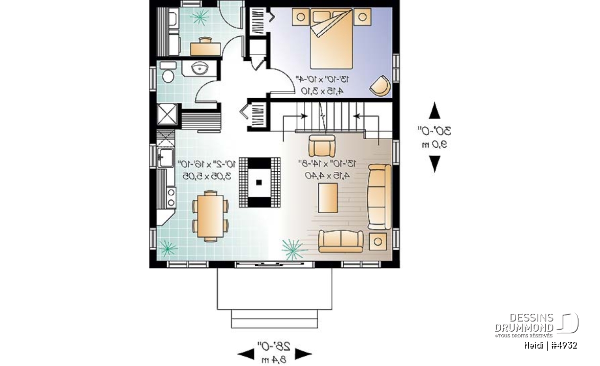 Rez-de-chaussée - Plan de style chalet Suisse avec 3 chambres, 2 salles de bain, foyer ouvert au séjour et salle à manger - Heidi