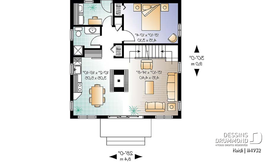 Rez-de-chaussée - Plan de style chalet Suisse avec 3 chambres, 2 salles de bain, foyer ouvert au séjour et salle à manger - Heidi