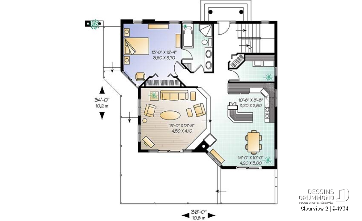 Rez-de-chaussée - Plan de chalet lumineux, 3 chambres avec 2 salles de séjour et mezzanine, garage - Clearview 2