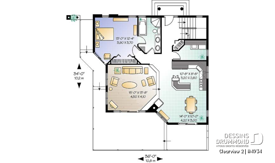 Rez-de-chaussée - Plan de chalet lumineux, 3 chambres avec 2 salles de séjour et mezzanine, garage - Clearview 2