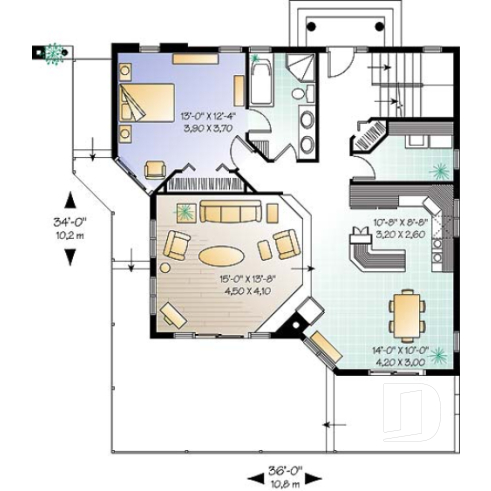 Rez-de-chaussée - Plan de chalet lumineux, 3 chambres avec 2 salles de séjour et mezzanine, garage - Clearview 2
