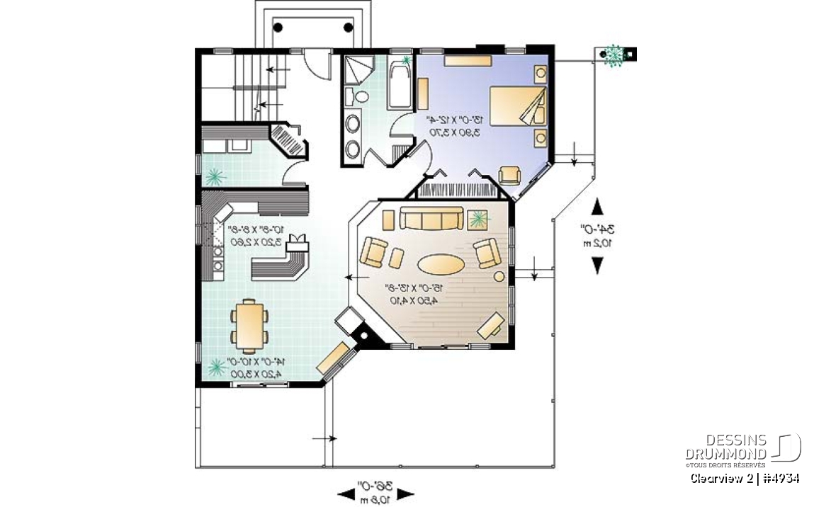 Rez-de-chaussée - Plan de chalet lumineux, 3 chambres avec 2 salles de séjour et mezzanine, garage - Clearview 2