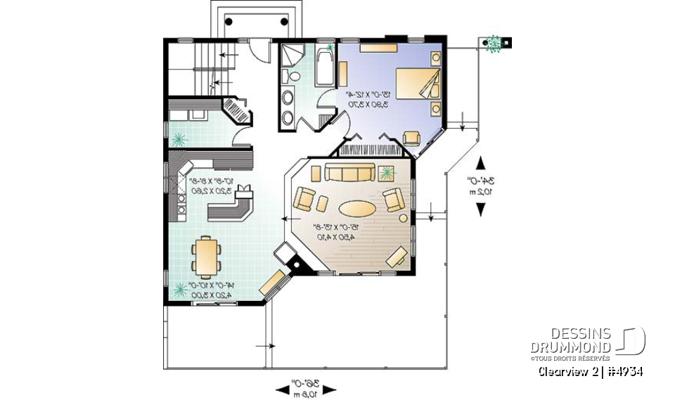 Rez-de-chaussée - Plan de chalet lumineux, 3 chambres avec 2 salles de séjour et mezzanine, garage - Clearview 2