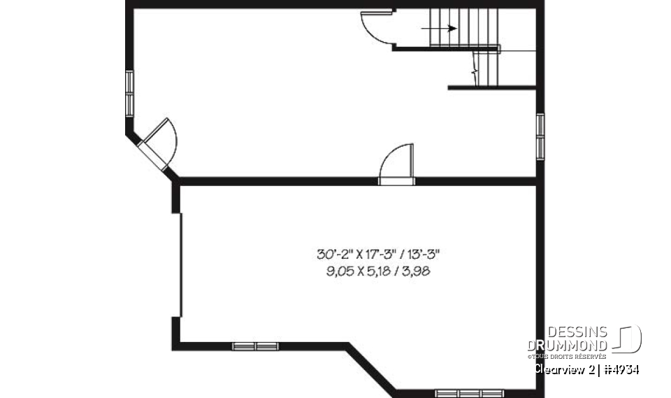 Sous-sol - Plan de chalet lumineux, 3 chambres avec 2 salles de séjour et mezzanine, garage - Clearview 2