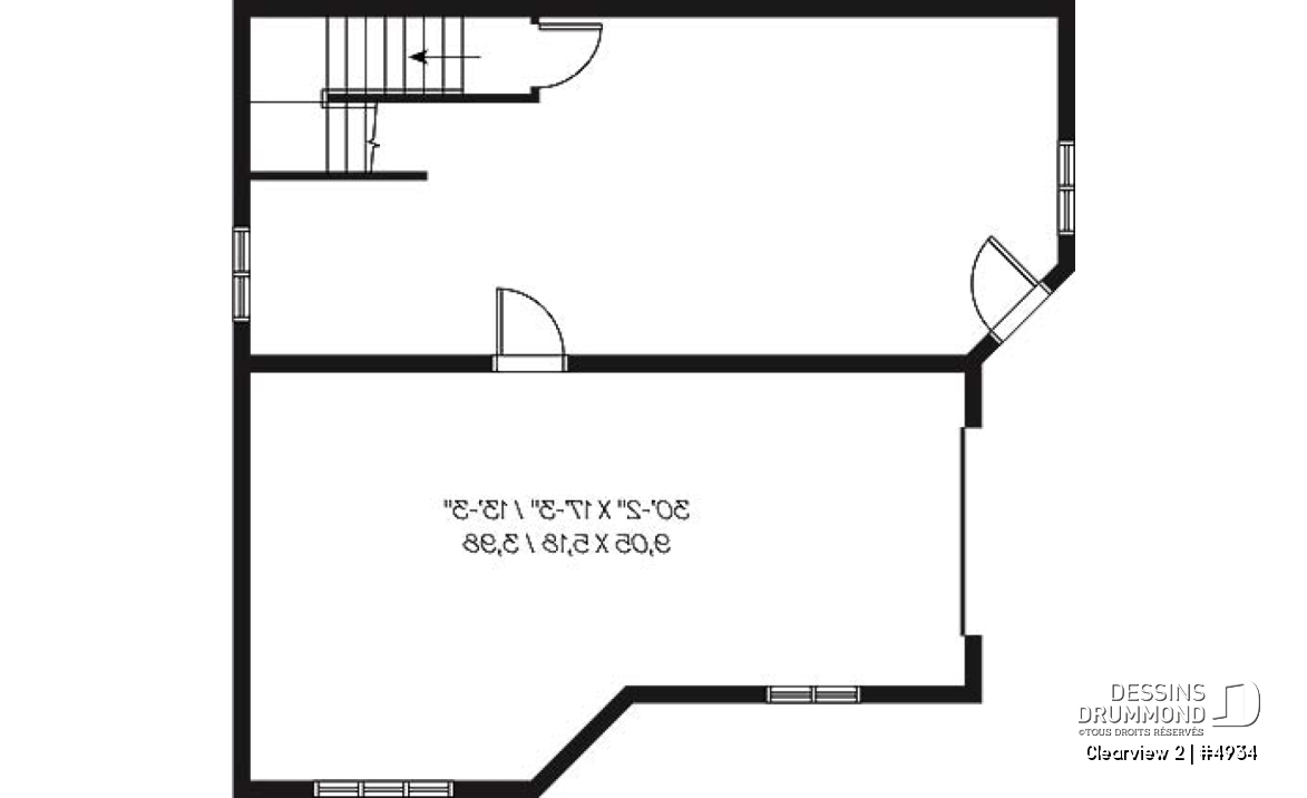 Sous-sol - Plan de chalet lumineux, 3 chambres avec 2 salles de séjour et mezzanine, garage - Clearview 2