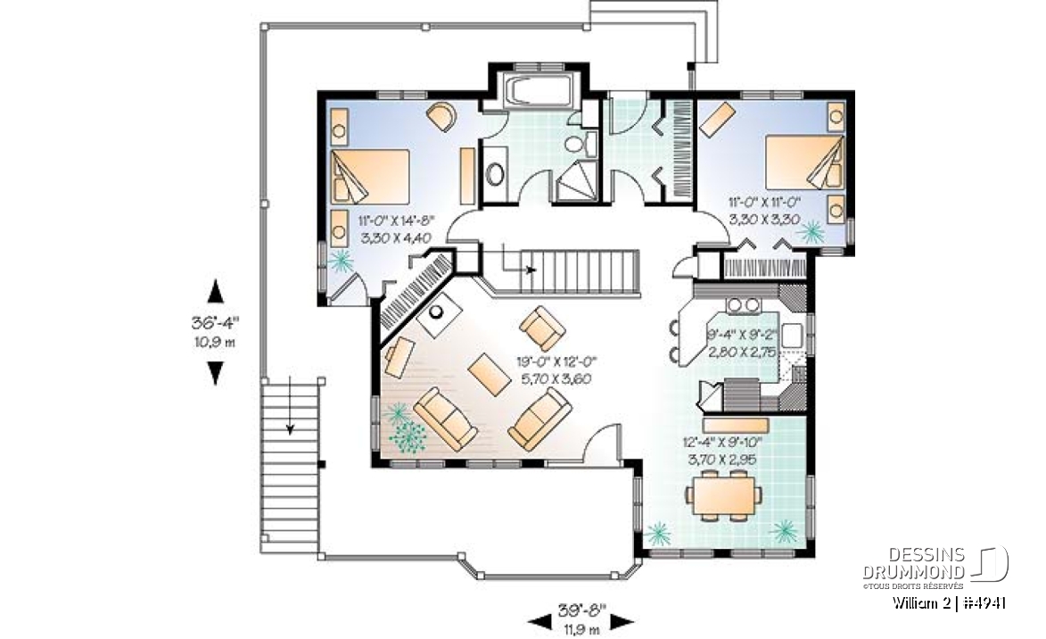 Rez-de-chaussée - Modèle de maison avec fenestration abondante, sous-sol en rez-de-jardin non-aménagé, 2 chambres, espace ouvert - William 2