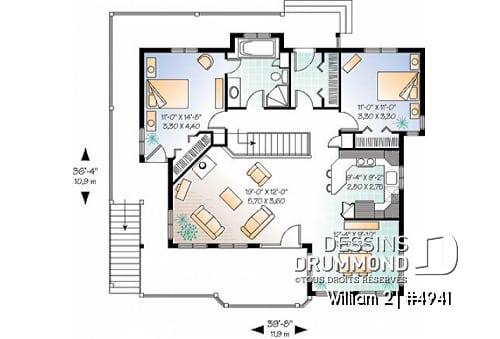 Rez-de-chaussée - Plan de chalet avec fenestration abondante, sous-sol en rez-de-jardin non-aménagé, 2 chambres & espace ouvert - William 2