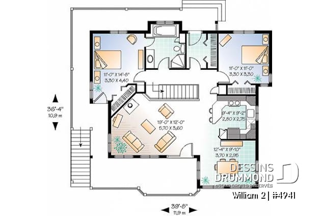 Rez-de-chaussée - Plan de chalet avec fenestration abondante, sous-sol en rez-de-jardin non-aménagé, 2 chambres & espace ouvert - William 2