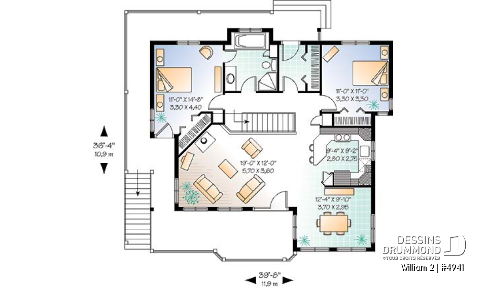Rez-de-chaussée - Modèle de maison avec fenestration abondante, sous-sol en rez-de-jardin non-aménagé, 2 chambres, espace ouvert - William 2