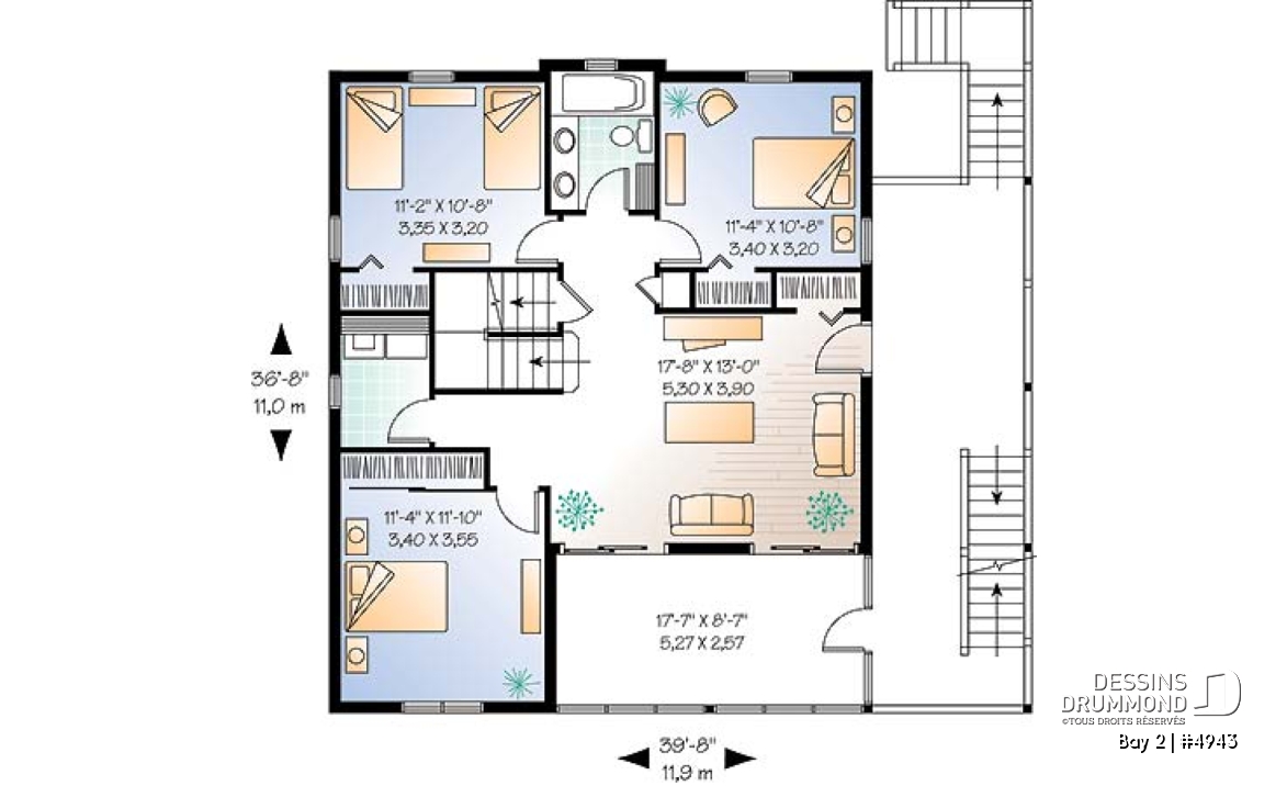 Étage 1 - Plan de chalet 3 étages, idéal pour bord de lac, 5 chambres, 3.5 salles de bain, foyer au salon, mezzanine - Bay 2