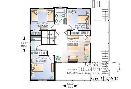 Étage 1 - Plan de chalet 3 étages, idéal pour bord de lac, 5 chambres, 3.5 salles de bain, foyer au salon, mezzanine - Bay 2