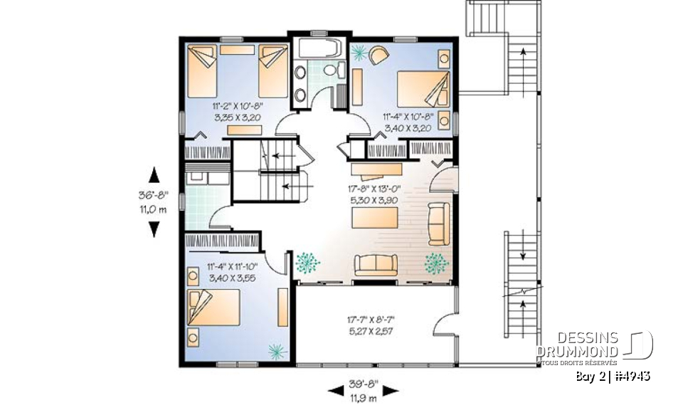 Étage 1 - Plan de chalet 3 étages, idéal pour bord de lac, 5 chambres, 3.5 salles de bain, foyer au salon, mezzanine - Bay 2