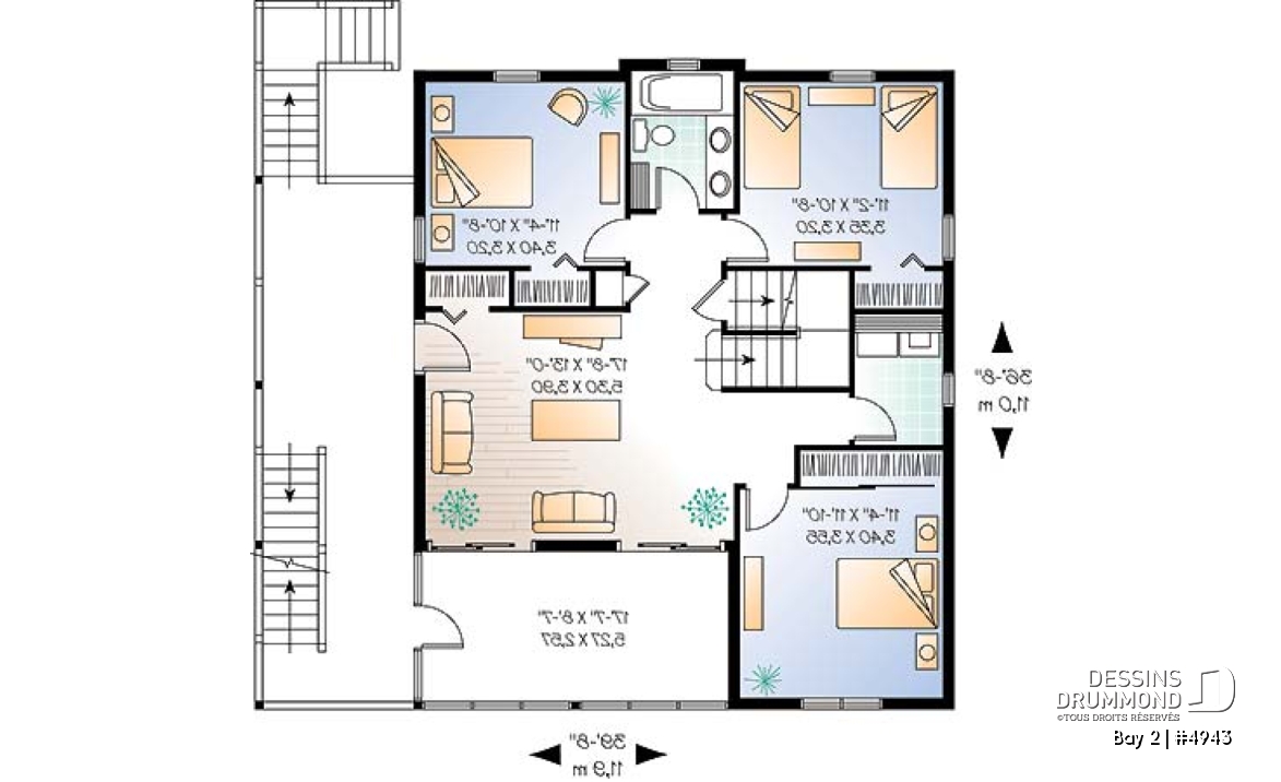 Étage 1 - Plan de chalet 3 étages, idéal pour bord de lac, 5 chambres, 3.5 salles de bain, foyer au salon, mezzanine - Bay 2