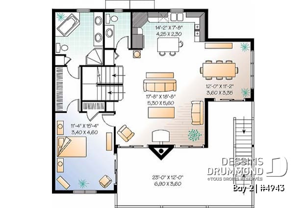 Étage 2 - Plan de chalet 3 étages, idéal pour bord de lac, 5 chambres, 3.5 salles de bain, foyer au salon, mezzanine - Bay 2