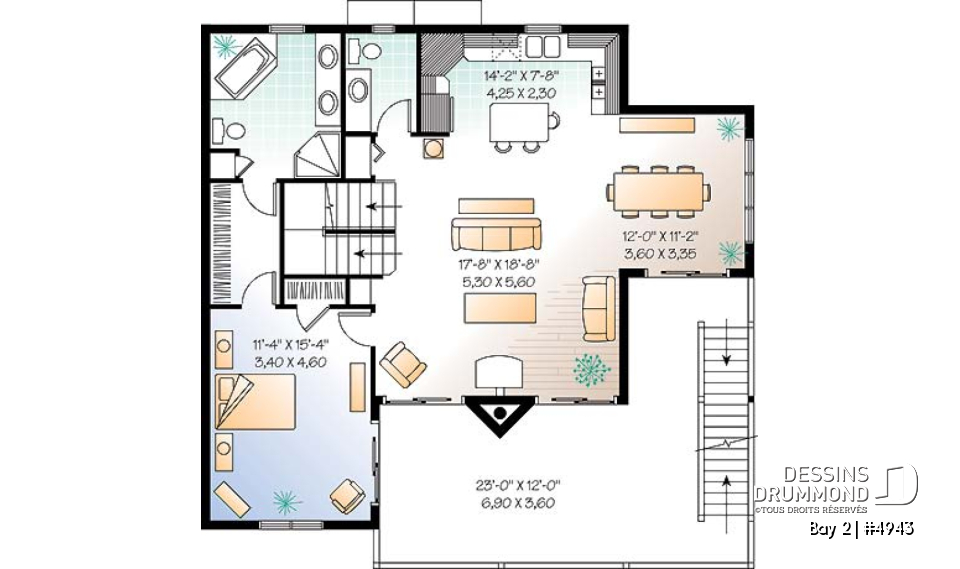 Étage 2 - Plan de chalet 3 étages, idéal pour bord de lac, 5 chambres, 3.5 salles de bain, foyer au salon, mezzanine - Bay 2
