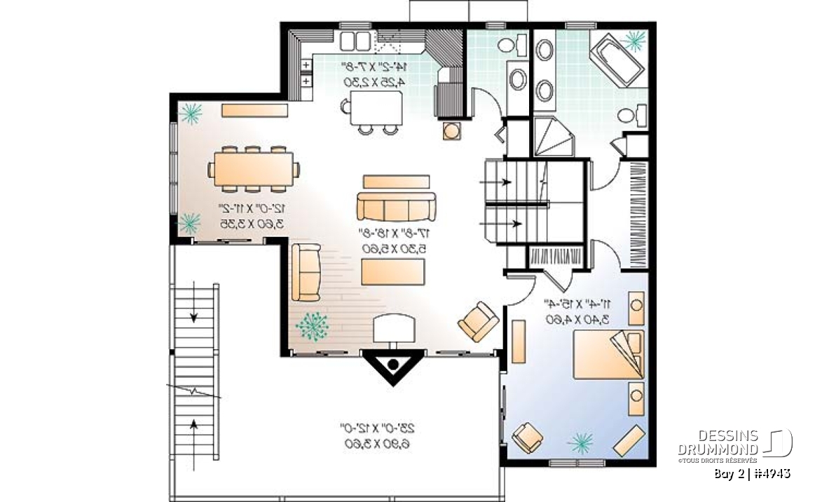 Étage 2 - Plan de chalet 3 étages, idéal pour bord de lac, 5 chambres, 3.5 salles de bain, foyer au salon, mezzanine - Bay 2