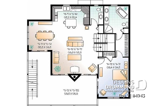 Étage 2 - Plan de chalet 3 étages, idéal pour bord de lac, 5 chambres, 3.5 salles de bain, foyer au salon, mezzanine - Bay 2