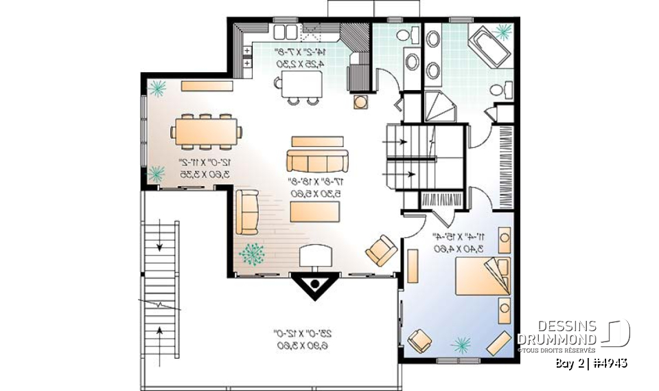 Étage 2 - Plan de chalet 3 étages, idéal pour bord de lac, 5 chambres, 3.5 salles de bain, foyer au salon, mezzanine - Bay 2