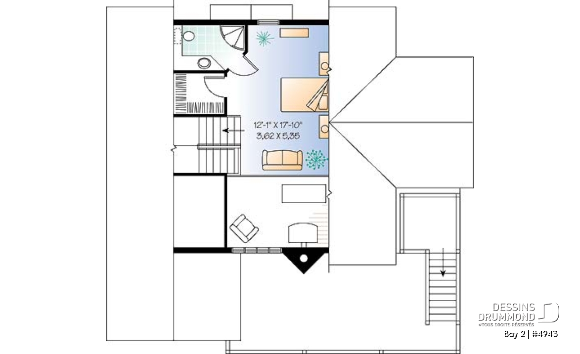 Étage 3 - Plan de chalet 3 étages, idéal pour bord de lac, 5 chambres, 3.5 salles de bain, foyer au salon, mezzanine - Bay 2