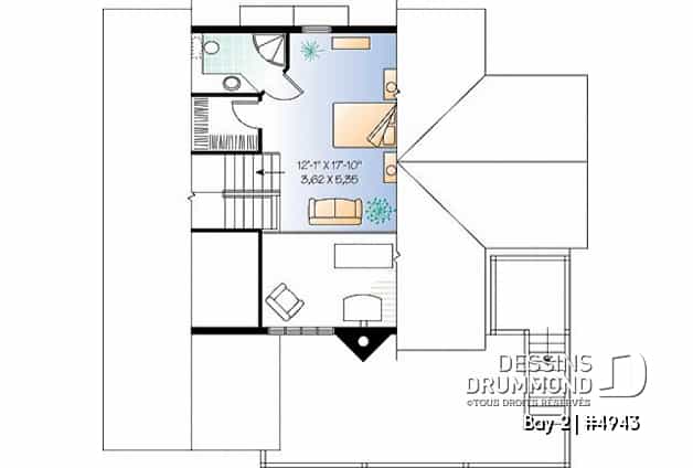 Étage 3 - Plan de chalet 3 étages, idéal pour bord de lac, 5 chambres, 3.5 salles de bain, foyer au salon, mezzanine - Bay 2