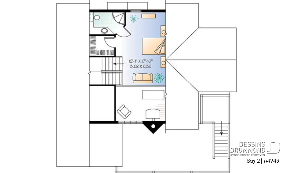 Étage 3 - Plan de chalet 3 étages, idéal pour bord de lac, 5 chambres, 3.5 salles de bain, foyer au salon, mezzanine - Bay 2