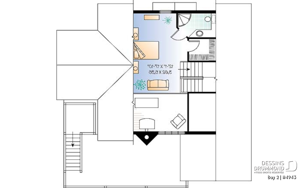 Étage 3 - Plan de chalet 3 étages, idéal pour bord de lac, 5 chambres, 3.5 salles de bain, foyer au salon, mezzanine - Bay 2