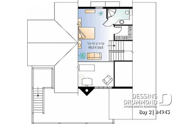 Étage 3 - Plan de chalet 3 étages, idéal pour bord de lac, 5 chambres, 3.5 salles de bain, foyer au salon, mezzanine - Bay 2