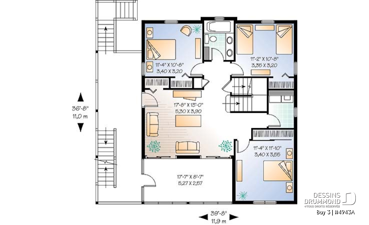 Étage 1 - Plan pour bord de l'eau, 5 chambres, 3.5 salles de bain, balcon observatoire, abri moustiquaire, 2 salons - Bay 3
