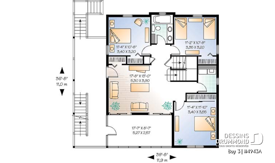 Étage 1 - Plan pour bord de l'eau, 5 chambres, 3.5 salles de bain, balcon observatoire, abri moustiquaire, 2 salons - Bay 3