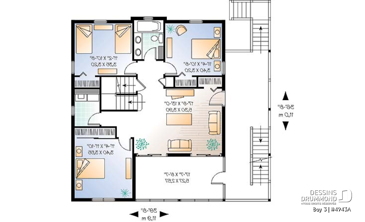 Étage 1 - Plan pour bord de l'eau, 5 chambres, 3.5 salles de bain, balcon observatoire, abri moustiquaire, 2 salons - Bay 3