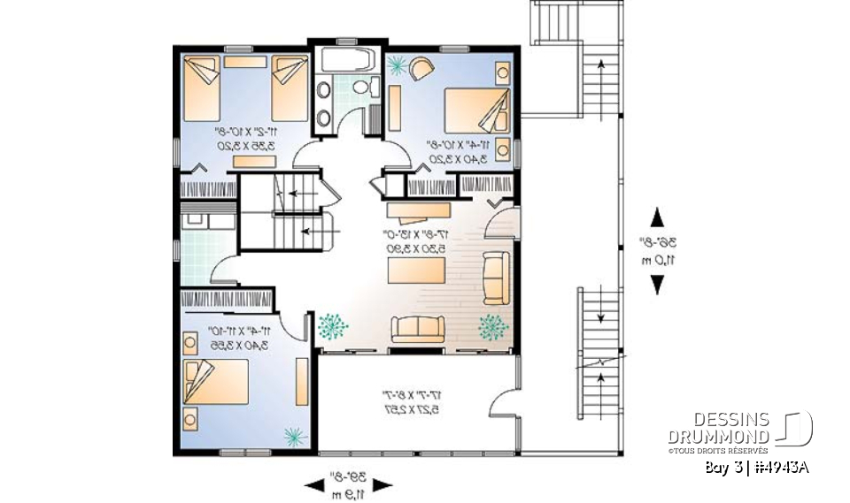Étage 1 - Plan pour bord de l'eau, 5 chambres, 3.5 salles de bain, balcon observatoire, abri moustiquaire, 2 salons - Bay 3
