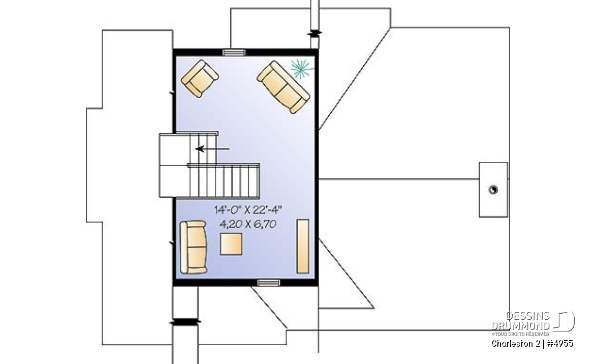 Étage - Plan de chalet de ski avec planchers inversés: chambre des maîtres et espaces communs à l'étage - Charleston 2